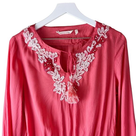 Soft Surroundings Coral Beaded Embroidered Tunic Top Cinch Waist Size Small - Picture 2 of 8
